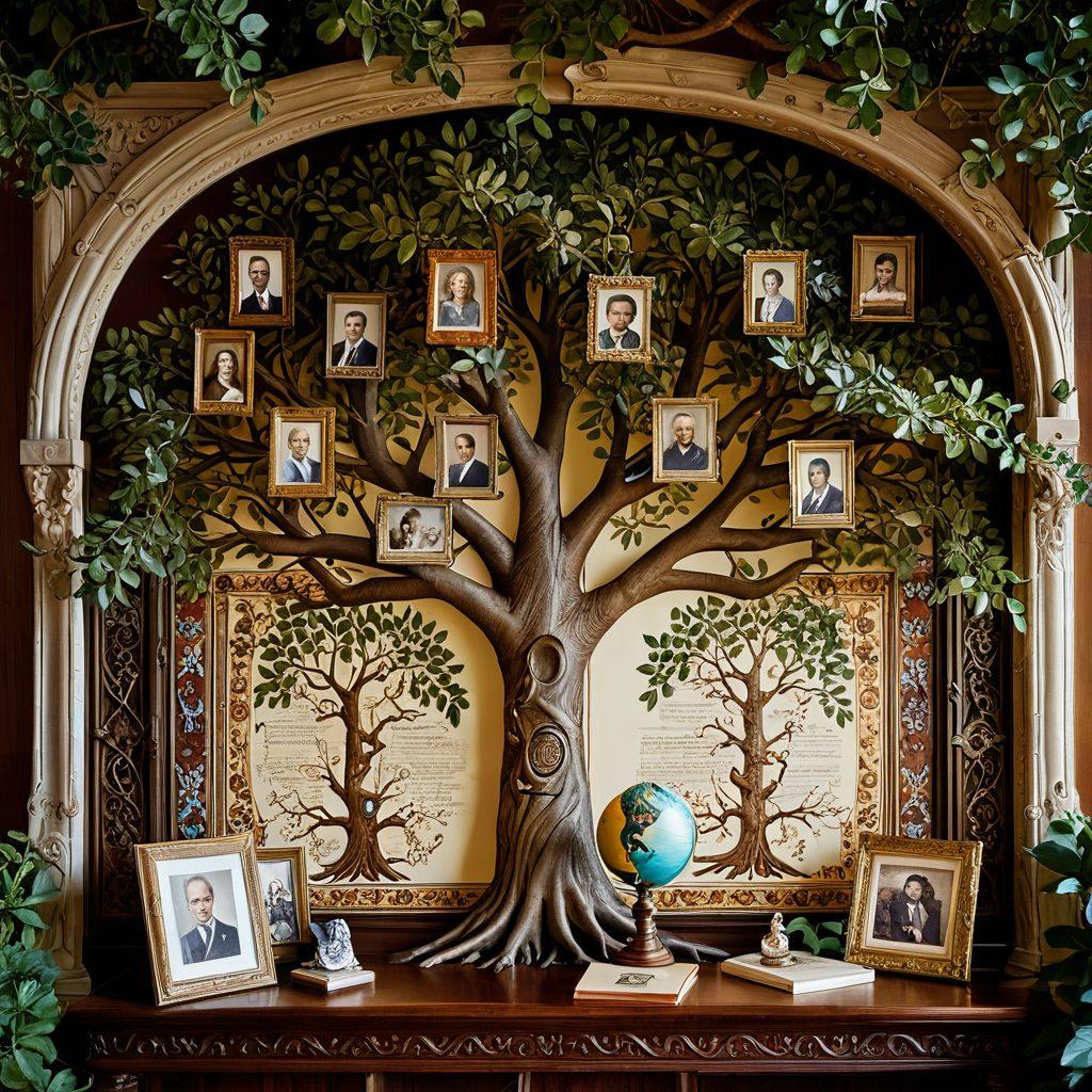 An intricate family tree with branches that weave through historical portraits of ancestors, surrounded by heirlooms like vintage photo albums and a globe illustrating migration paths. Light filters through an ancient oak tree, symbolizing knowledge and growth, with a warm, inviting atmosphere. Vibrant colors. Artistic illustration.