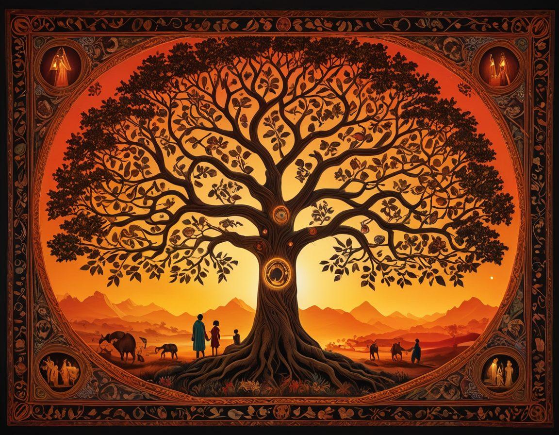 A vibrant, intricately detailed family tree intertwining cultural symbols from various ancestries, with roots extending into a rich tapestry of traditional artifacts and landscapes that represent diverse cultures. In the background, there are silhouettes of ancestors engaging in cultural practices, surrounded by a glowing light symbolizing enlightenment of heritage. The scene should evoke a sense of exploration and connection to the past. super-realistic. vibrant colors. 3D.